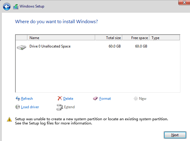 Instalator nie mógł utworzyć nowej partycji systemowej